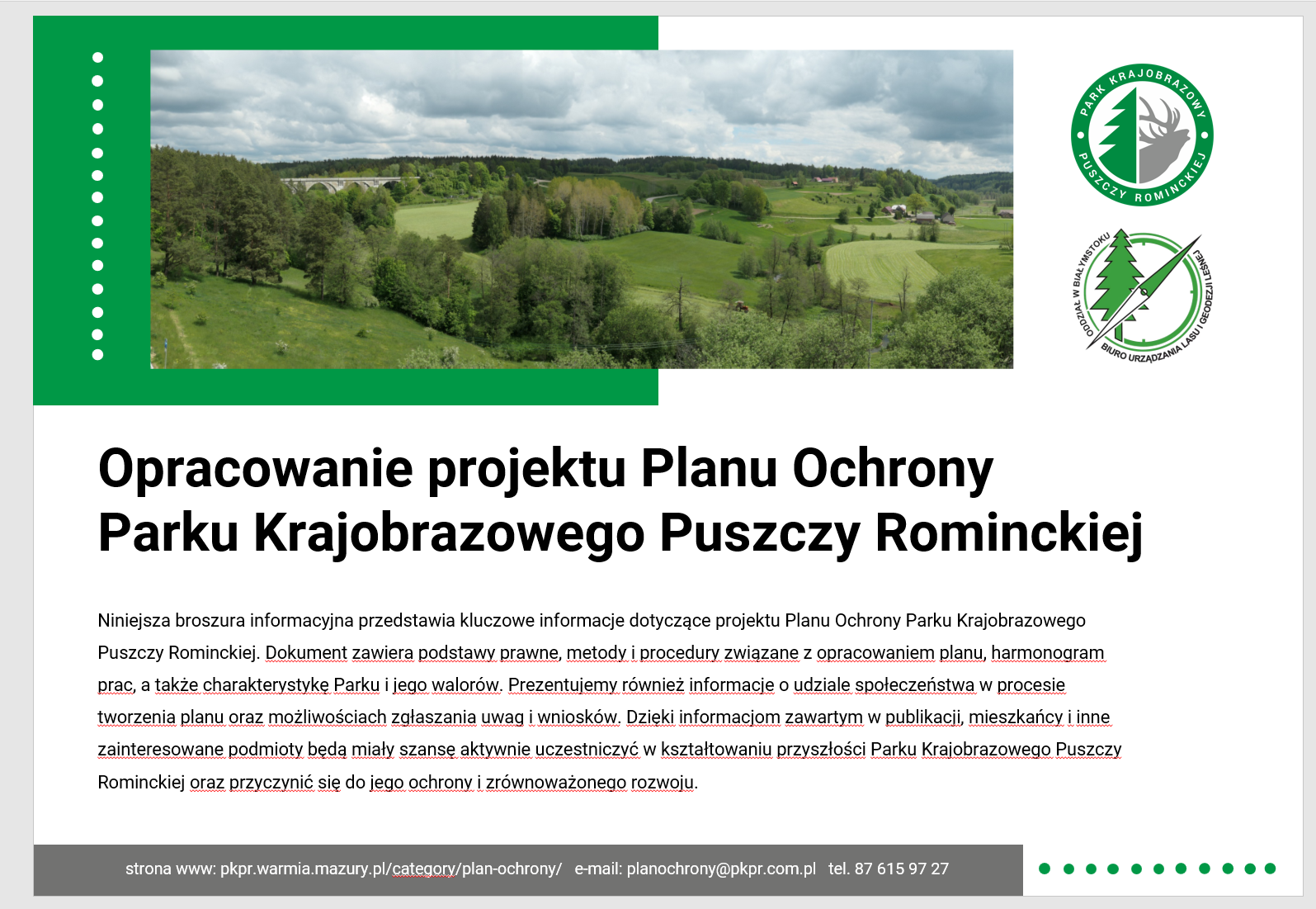 Broszura informacyjna „Opracowanie projektu Planu Ochrony Parku Krajobrazowego Puszczy Rominckiej”